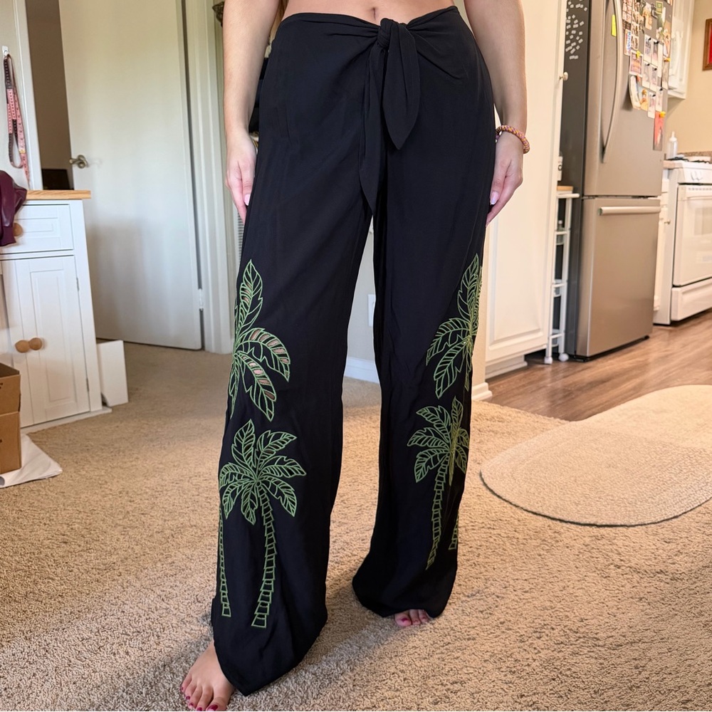 Isabella Rose Swim Wide Leg Cover Up Pants Palm Tree Embroidery Black Size Small